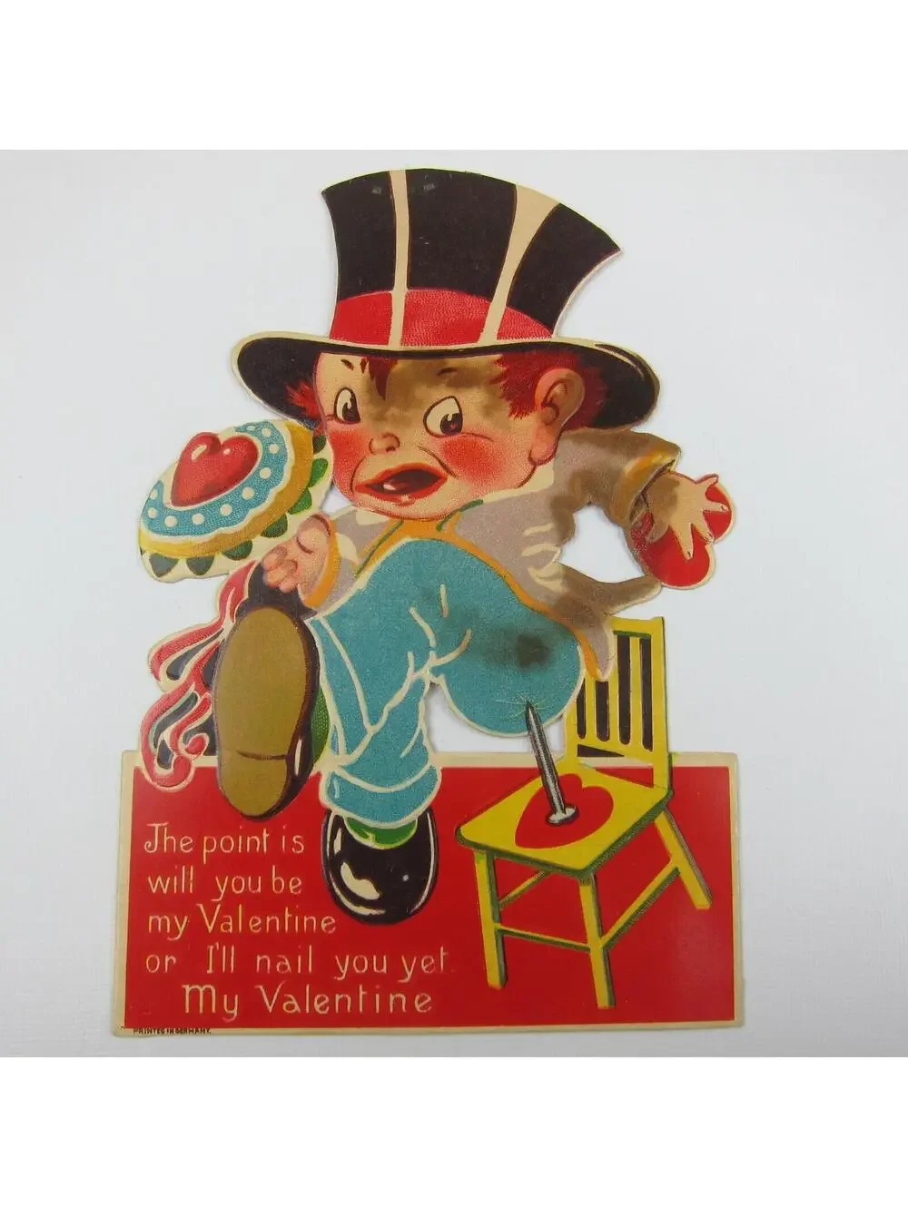 Antique Valentine Card Comical Boy Thumb Tack Chair Pun LARGE Die Cut Stand Up
